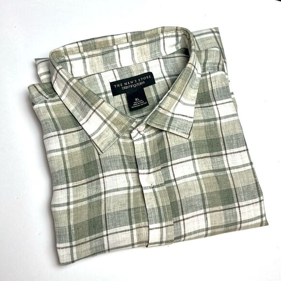 The Men’s Store Bloomingdale’s Linen Shirt Button Up Long Sleeve Green Plaid XL - Picture 3 of 9